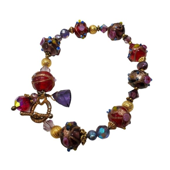 Artisan Wedding Cake Glass Bead Bracelet 22k GF Hand Blown Toggle Clasp Red - Picture 7 of 16